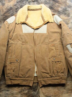 法国制制 1970s古董级帆布拼接羊皮毛一体Bomber皮衣