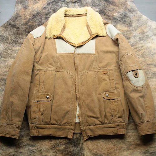 法国制制 1970s古董级帆布拼接羊皮毛一体Bomber皮衣