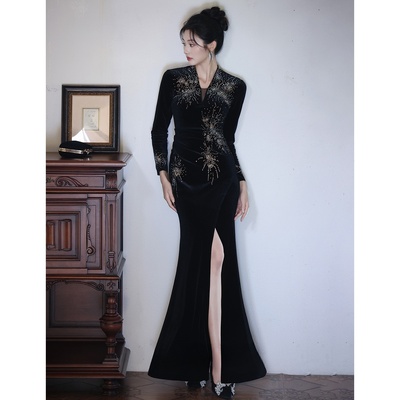 黑色晚礼服女2025新款高级感宴会气质年会主持人鱼尾裙长袖丝绒冬