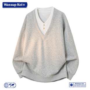 WASSUP KOI联名美式潮流假两件V领卫衣男春秋宽松休闲上衣服男款