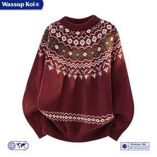 WASSUP KOI费尔岛民族风圆领毛衣男秋冬季保暖百搭情侣针织衫外套