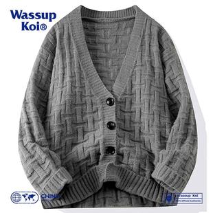 潮牌慵懒风宽松休闲针织衫 毛衣男秋季 外套 KOI复古V领开衫 WASSUP