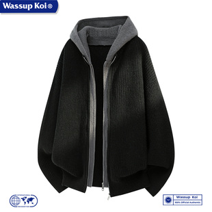 WASSUP KOI联名假两件连帽针织衫男宽松开衫毛衣外套2025冬上衣男