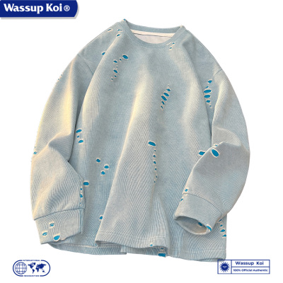 WASSUP KOI联名不规则破洞设计感卫衣男秋季复古重磅长袖痞帅上衣