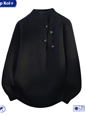 WASSUP KOI联名慵懒风半高领针织衫男黑色纽扣毛衣高级感保暖上衣