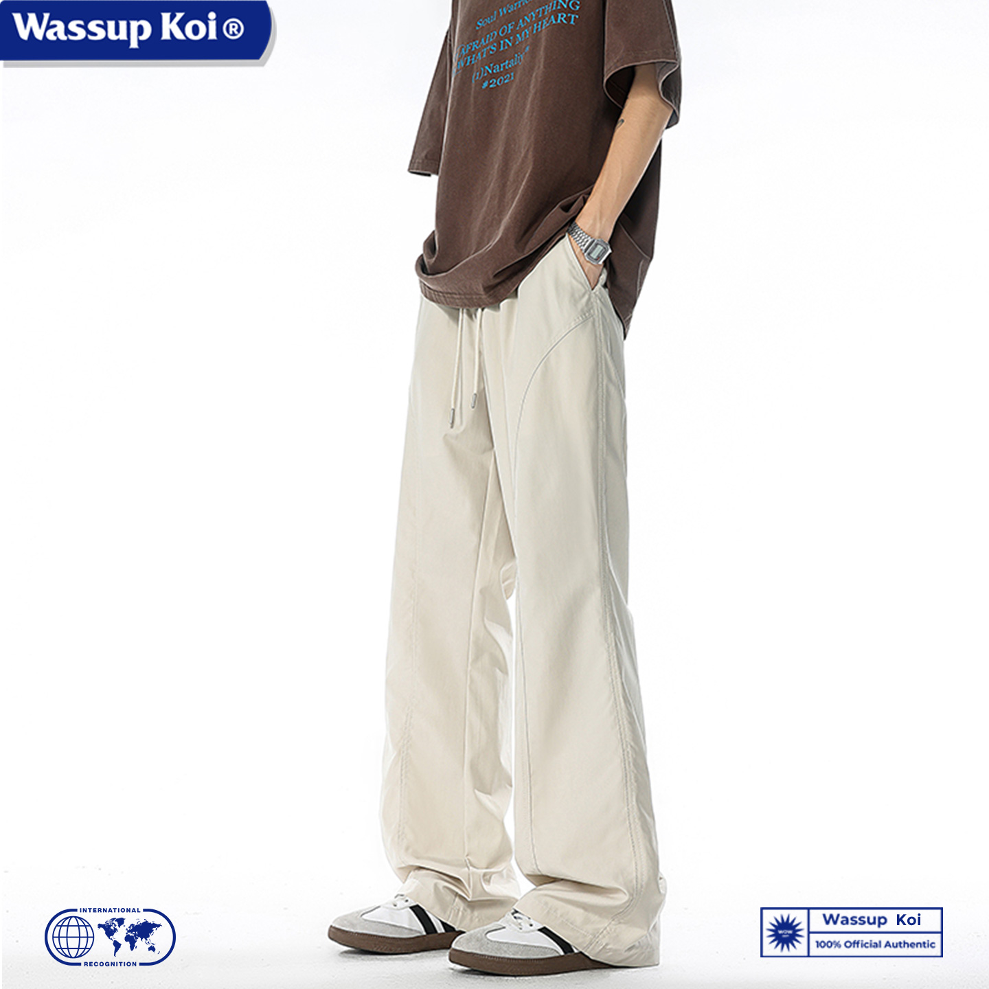 WASSUP KOI联名基础款斜切裤子男显瘦直筒弯刀微喇裤美式休闲长裤
