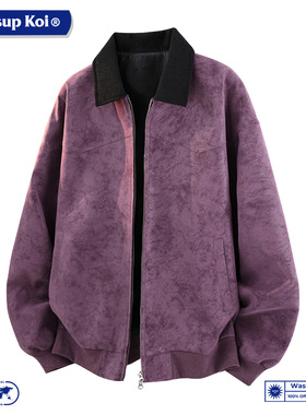 WASSUP KOI联名复古风翻领夹克紫色宽松工装外套美式潮流休闲衣服