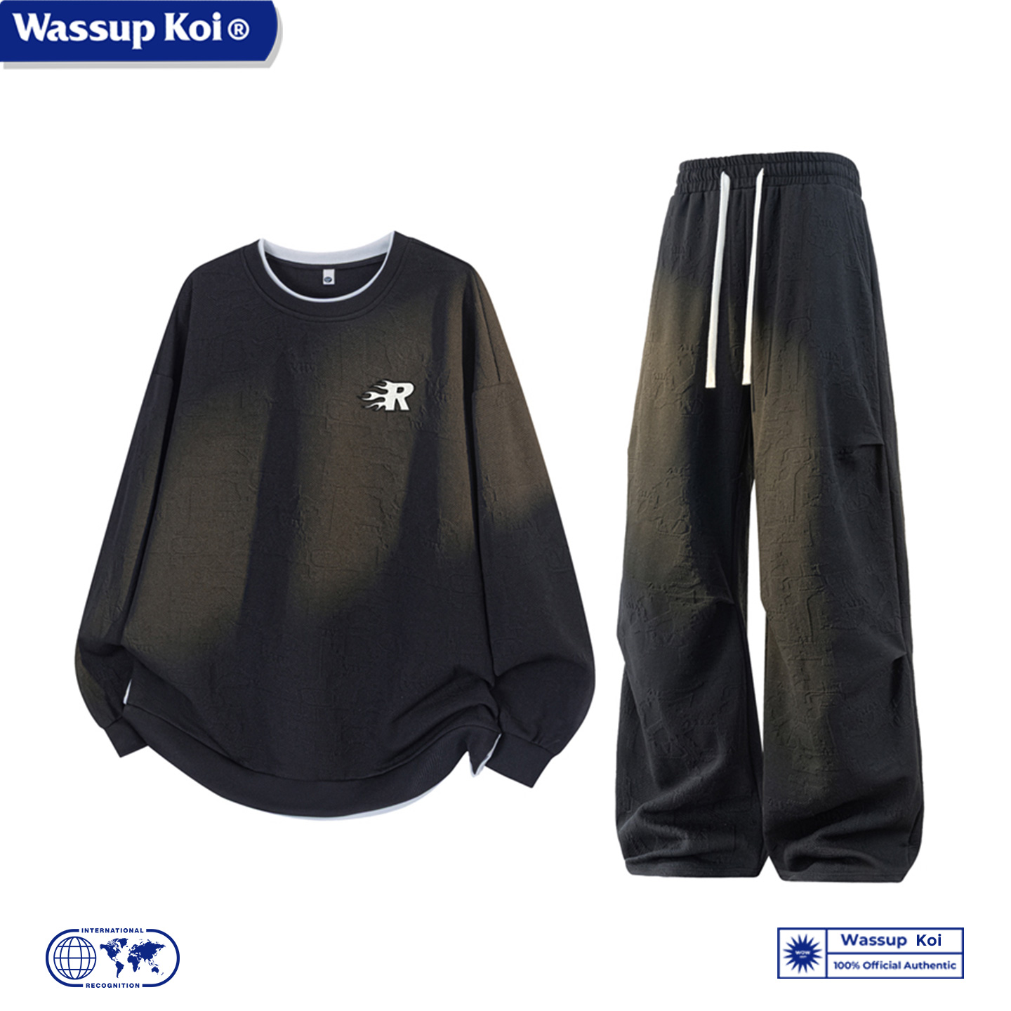 WASSUP KOI联名圆领假两件卫衣套装男帅气青少年潮牌学生两件套装