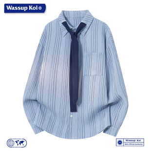 翻领领带设计宽松百搭潮流衬衣 男长袖 WASSUP KOI联名日系条纹衬衫