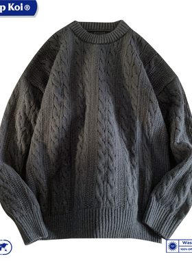 WASSUP KOI联名麻花设计毛衣男秋冬季保暖针织衫上衣潮牌线衣外套