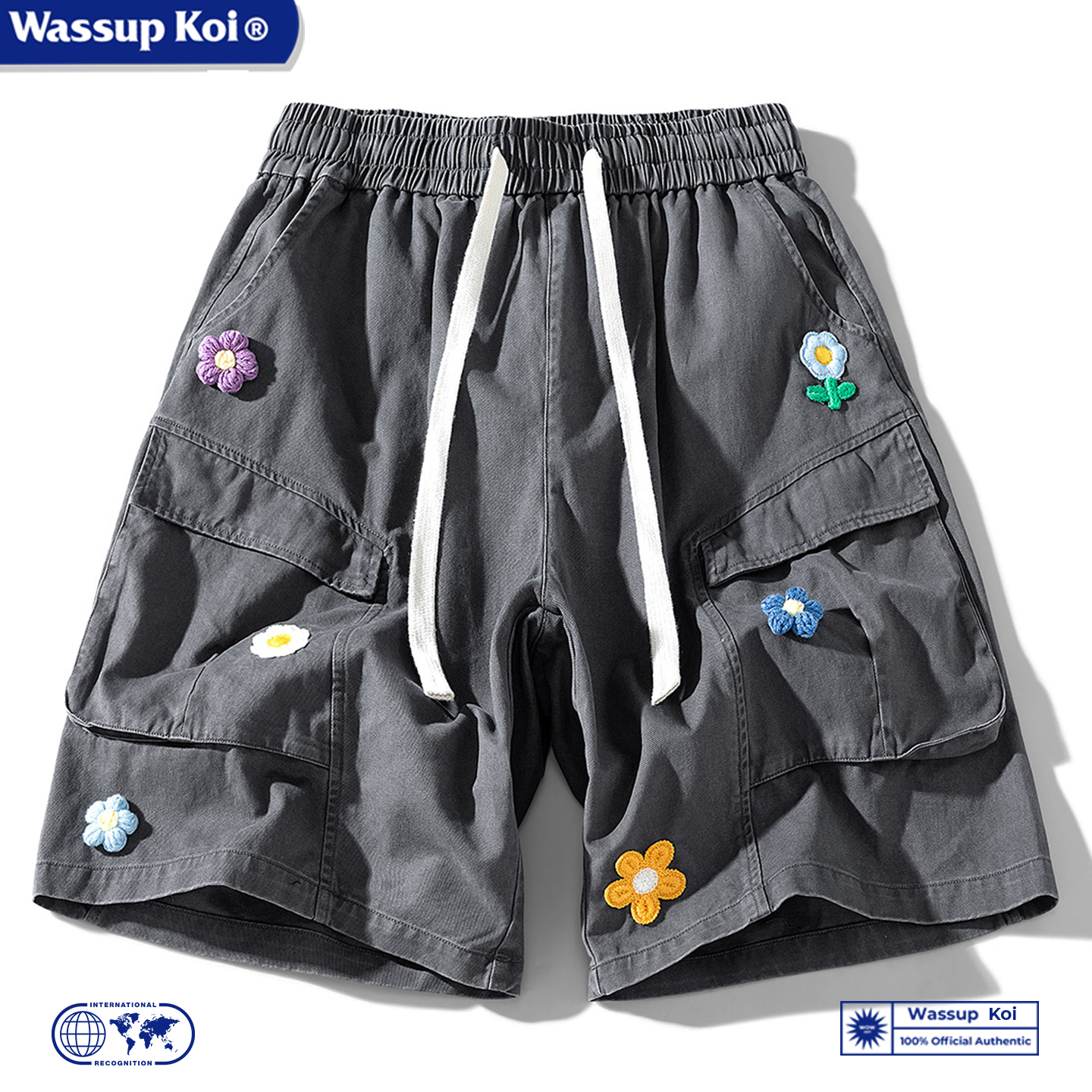 WASSUP KOI联名立体花朵短裤男夏季薄款潮牌宽松休闲五分裤子男