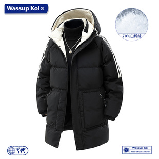WASSUP KOI联名中长款连帽羽绒服男加厚保暖防寒外套黑色上衣男士