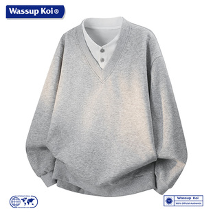 WASSUP KOI联名假两件V领卫衣男灰色高级感慵懒风休闲上衣服男款