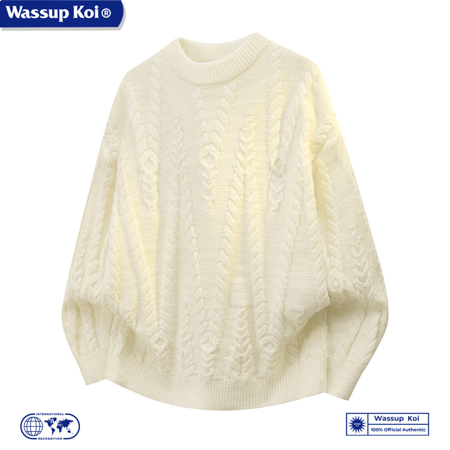 WASSUP KOI联名日系慵懒风圆领麻花纹针织衫男款宽松套头毛衣白色