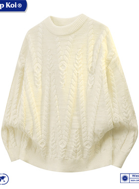 WASSUP KOI联名日系慵懒风圆领麻花纹针织衫男款宽松套头毛衣白色