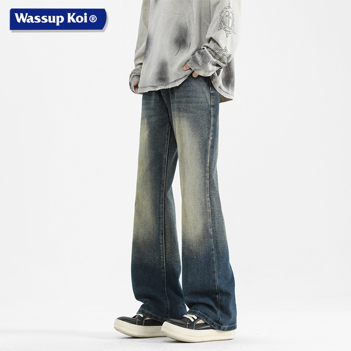 WASSUP KOI联名美式复古水洗做旧微喇牛仔裤男潮牌直筒长裤子男款,男装,休闲裤,淘宝优惠券,粉丝福利购,淘宝优惠卷