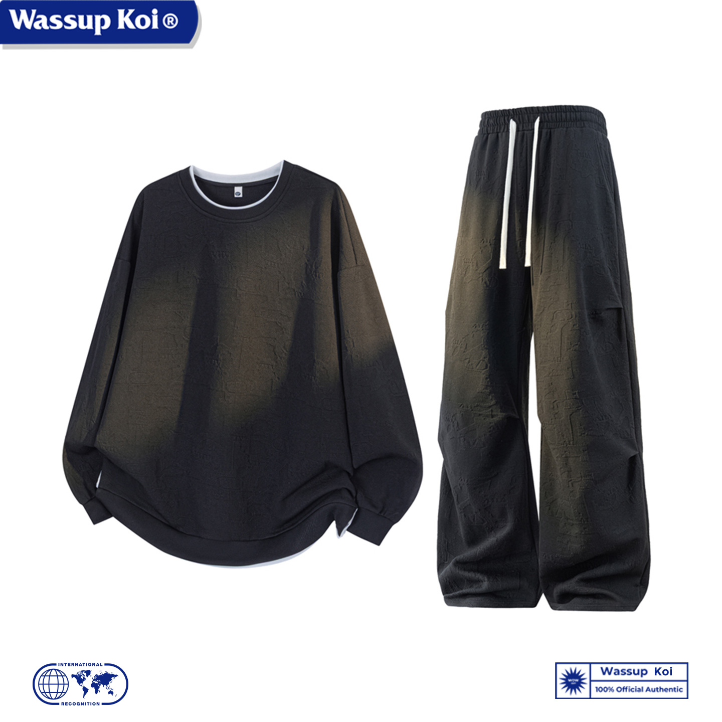 WASSUP KOI联名休闲提花圆领卫衣套装男2025春秋季学生运动两件套