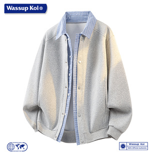 WASSUP KOI联名假两件翻领夹克男春秋格子拼接休闲外套潮牌上衣服