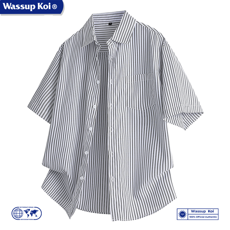 WASSUP KOI联名条纹短袖衬衫男夏季新款潮牌宽松百搭翻领半袖上衣