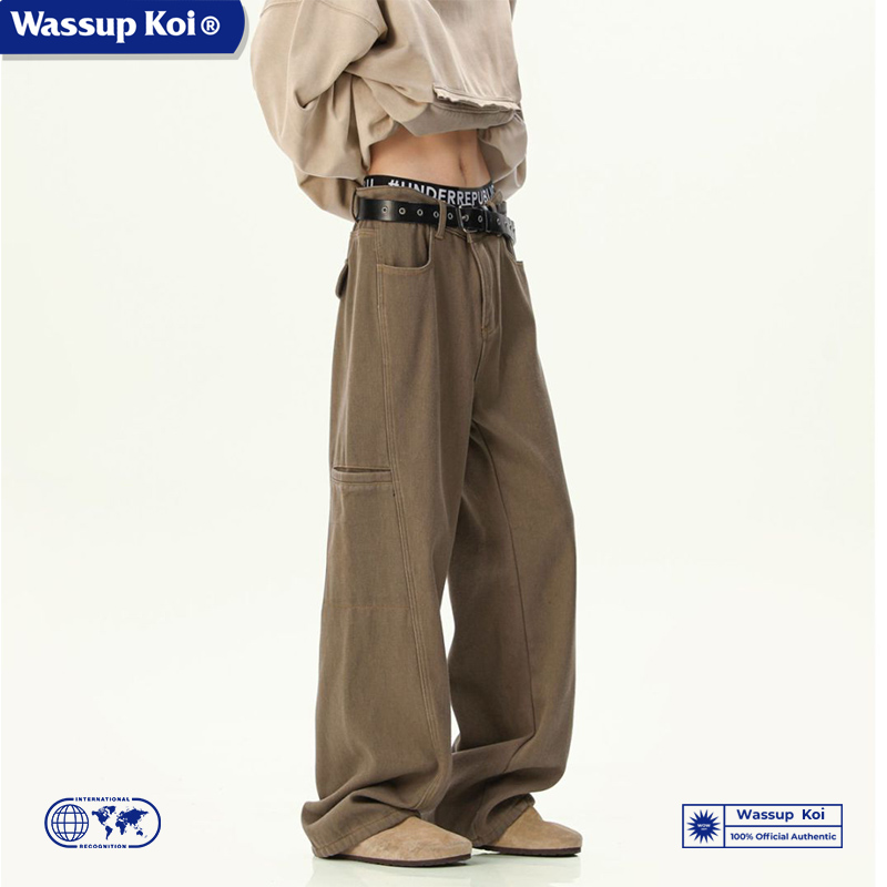 WASSUPKOI做旧拼接直筒牛仔裤子