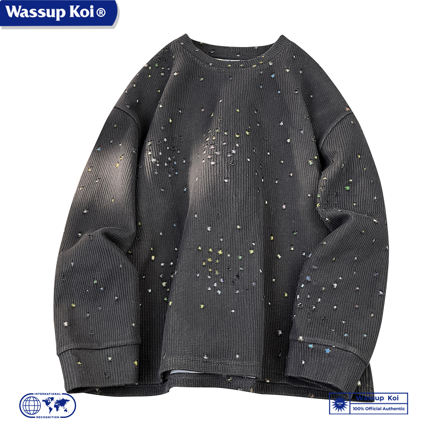 WASSUP KOI联名满天星破洞长袖卫衣男春秋季美式潮牌宽松休闲上衣