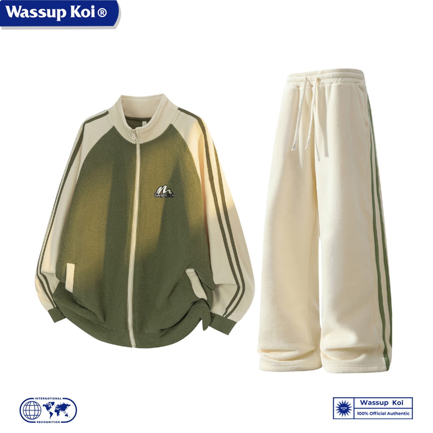 WASSUP KOI联名条纹立领撞色休闲运动套装男士秋季外套长裤两件套