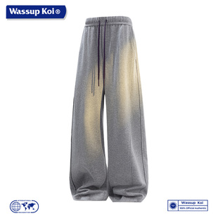 WASSUP KOI联名休闲慵懒风灰色阔腿长裤子宽松系绳垂感百搭卫裤男