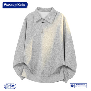 WASSUP KOI联名美式半拉链翻领卫衣男灰色套头休闲潮牌重磅上衣服