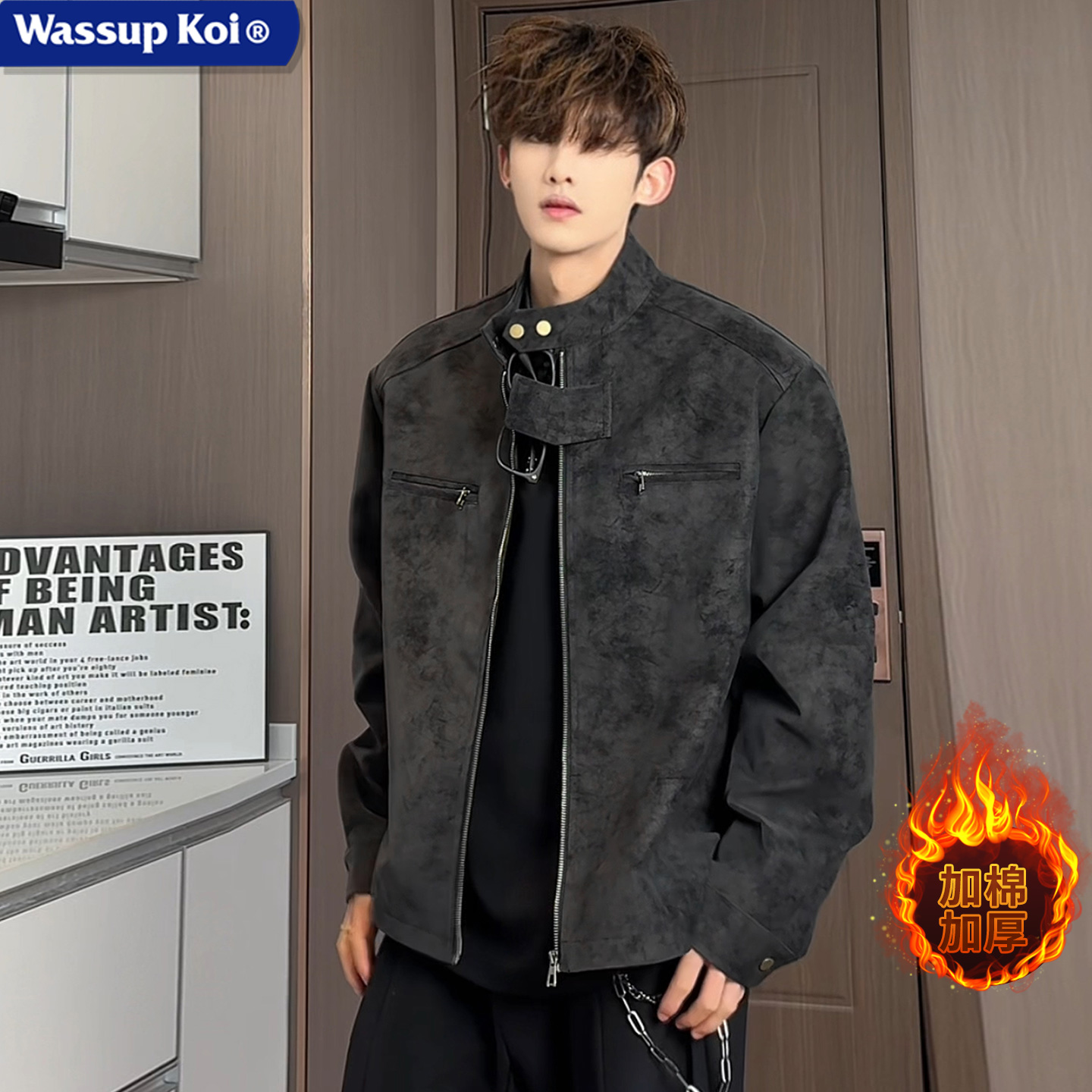 WASSUPKOI美式加棉加厚皮衣夹克