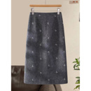 毛呢半身裙女秋冬大码 胖mm高腰显瘦灰色刺绣直筒中长裙气质包臀裙