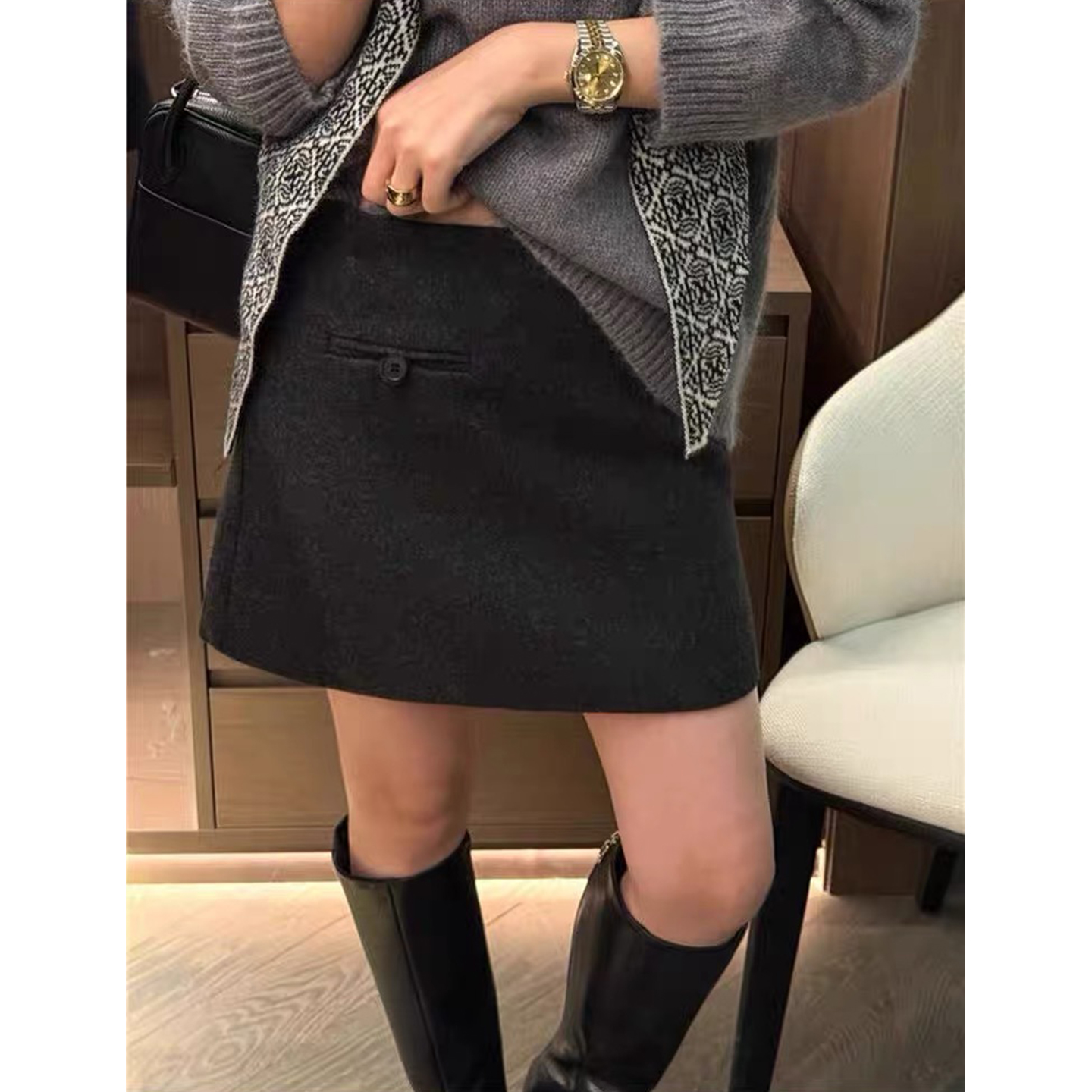 秋冬羊毛呢子A字高腰显瘦半身裙