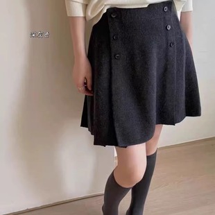 毛呢百褶裙女韩系高腰显瘦百搭双排扣A字半身裙深灰色短裙mi系冬