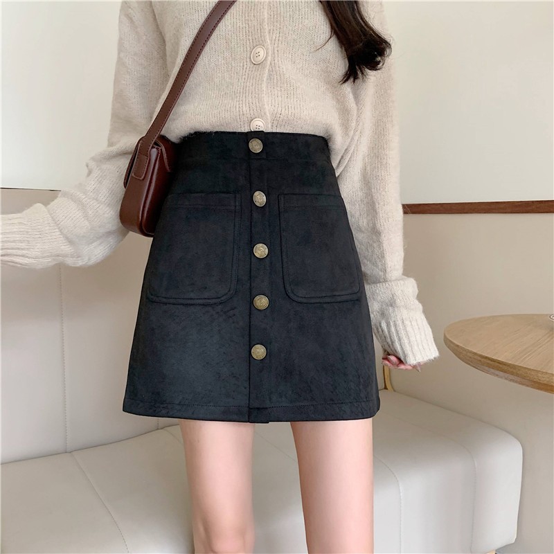 鹿皮绒半身裙女单排扣