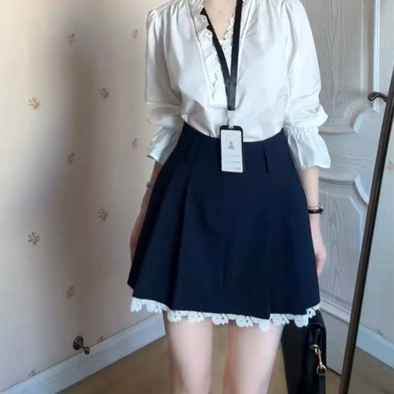 学院风百褶a字短裙女春夏季高腰百搭藏青色蕾丝花边半身裙子大码