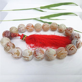 收藏天然黄玛瑙六字真言莲花佛念珠手持链串雕刻字大颗粒圆珠24MM