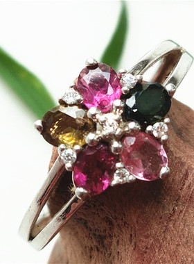 彩色红黄绿粉碧玺戒指五花瓣形