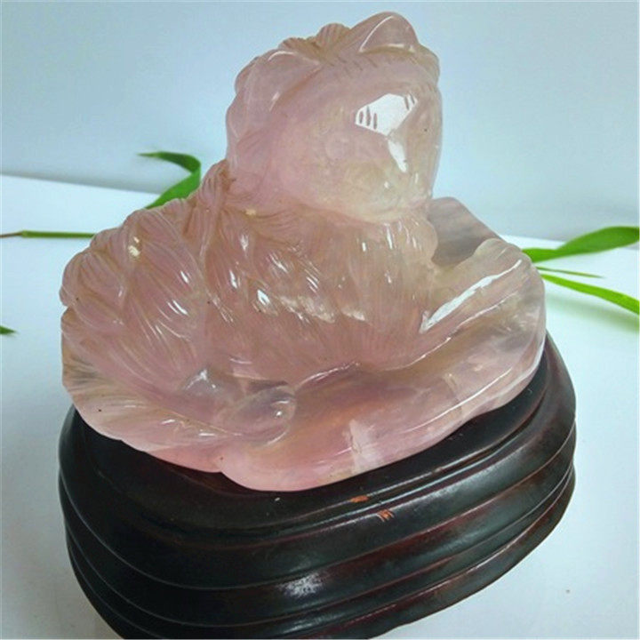 珍品天然粉水晶狮子狗摆件芙蓉石粉晶生肖喇叭宠物狗夫妻情侣甜蜜