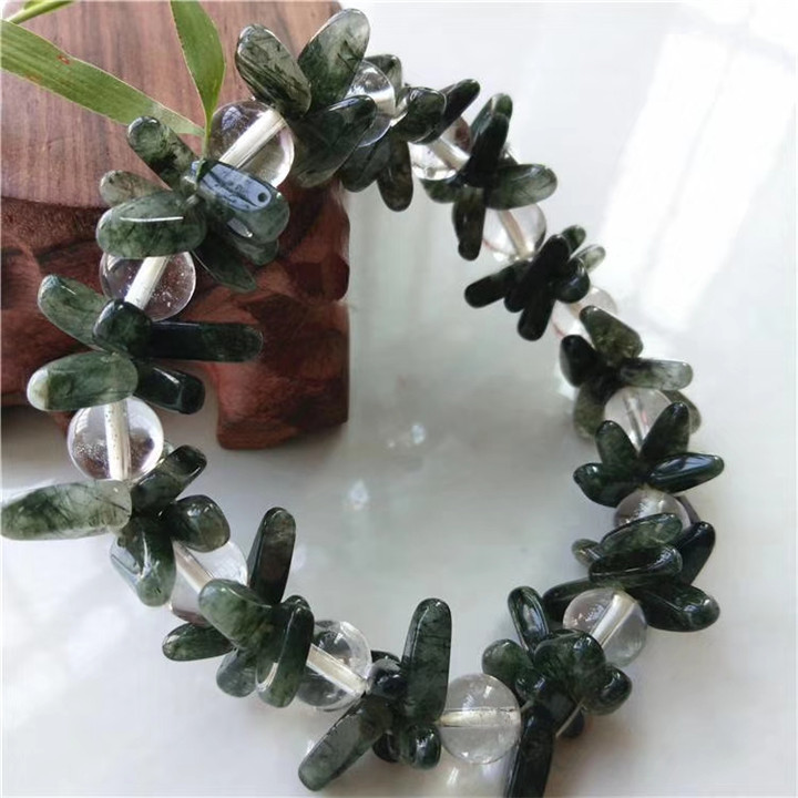 巴西天然绿发晶戒面花手链加白水晶隔珠发丝水晶花瓣串送老婆女友
