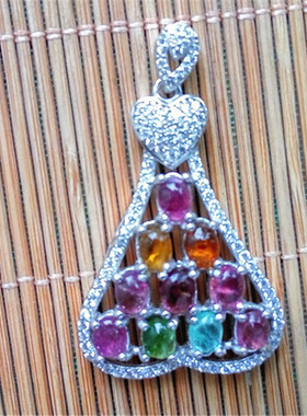 天然碧玺琵琶挂坠925银镶嵌吊坠