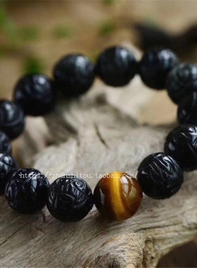 天然黑曜石路路通貔貅手链
