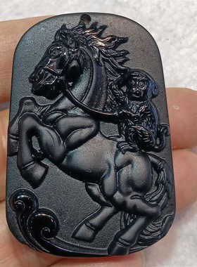 天然马上封侯吊坠黑曜石猴子骑马