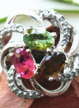 红黄绿碧玺戒指彩色宝石银饰活扣