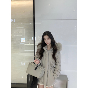 DUCHUNZI 富士山下 大毛领滑雪鹅绒羽绒服女冬连帽收腰中长款外套