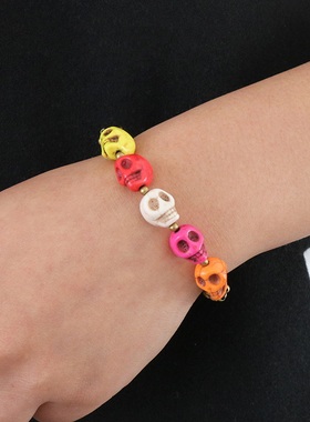 【茜茜珠饰】跨境蓝松七彩松石骷髅头手链手工编织波西米亚 四色