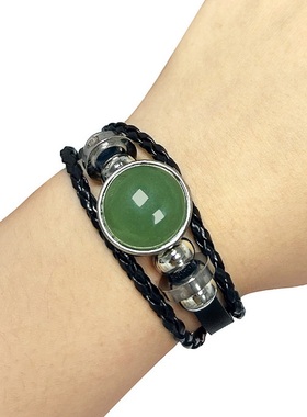 【茜茜珠饰】天然水晶玛瑙石镶嵌皮革编织宝石手链宝石手串 12色