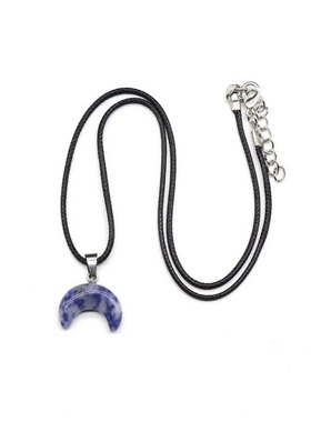 【茜茜珠饰】玉石水晶玛瑙半宝石牛角月牙C形吊坠皮绳项链 15色