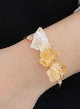【茜茜珠饰】天然紫水晶 黄水晶原石混色石绕丝开口手镯 三色