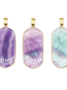 【茜茜珠饰】七彩萤石包边吊坠绿蓝紫彩萤石金色铜包边项链 四款