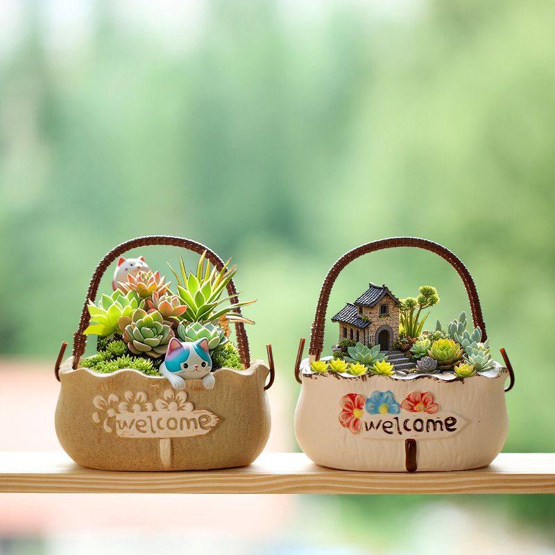 椭圆小花手提篮多肉花盆粗陶盆特价陶瓷室内肉肉小花盆清仓摆地摊