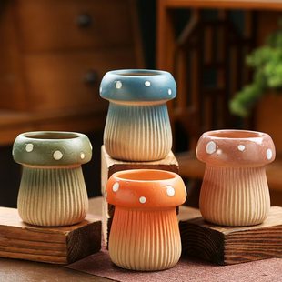 新品蘑菇老庄田园套装多肉花盆陶瓷复古喷点素烧紫砂创意小花盆栽